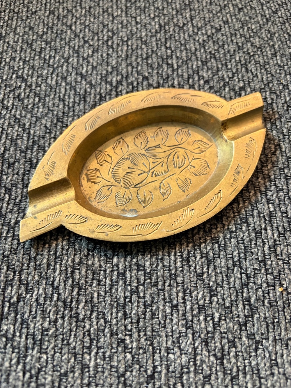 Vintage Brass Leaf-Engraved Ashtray